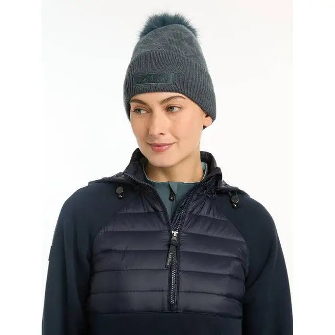 Gray knit Lemieux LM Beanie Petrol with a faux fur pom-pom on top