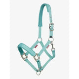 A mint green leather lemieux logo headcollar lagoon with silver metal hardware and subtle embossed pattern