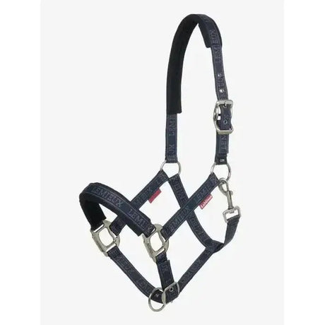 Black leather lemieux logo headcollar navy with silver metal hardware and embossed leverx branding