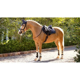 A light brown horse with black saddle and leg wraps stands on path showcasing lemieux loire classic close contact pad dusk blue