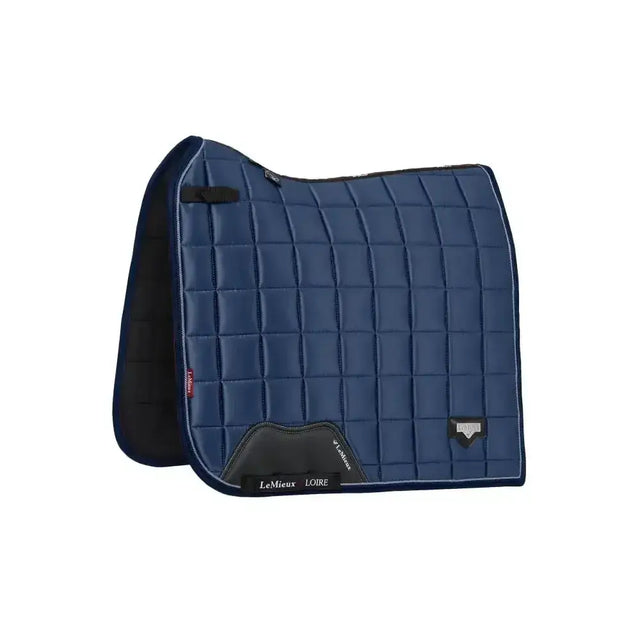 Navy blue lemieux loire classic quilted dressage pad with black trim woven satin fabric stylish dressage pad