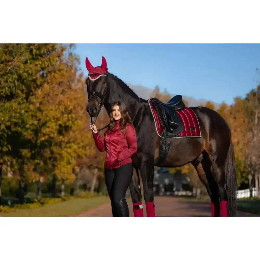 A dark brown horse wearing lemieux loire classic dressage square ember saddle pad and matching ear bonnet with pink wraps