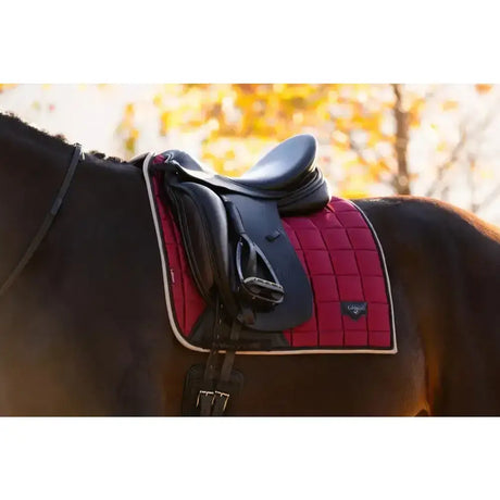 Red quilted lemieux loire classic dressage square ember saddle pad with white trim and black leather saddle on top