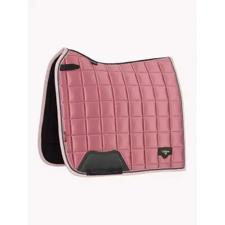 Pink quilted lemieux loire classic dressage square peony saddle pad with black trim and branded logo patch