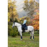 A white horse with gray dapples wearing lemieux loire classic dressage square petrol with dark blue leg wraps