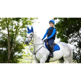 Blue lemieux loire close equestrian helmet with small pom pom on top for stylish safety in contact riding