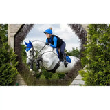Blue lemieux loire close equestrian helmet with golden pom pom perfect for close contact riding