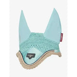 Light blue crocheted lemieux loire fly hood aqua with woven rope trim and lemieux branding