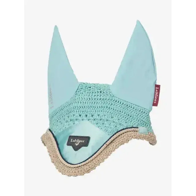 Light blue crocheted lemieux loire fly hood aqua with woven rope trim and lemieux branding