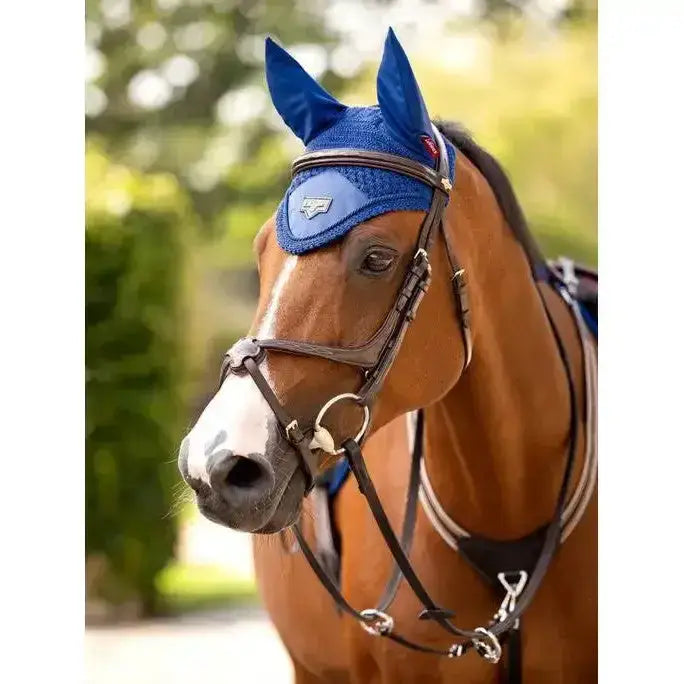 Blue mesh lemieux loire fly hood with subtle embossed logo patch designed for equestrian use