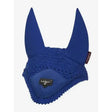 Royal blue knitted lemieux loire fly hood with soft fabric ears and elegant lace trim for horses