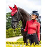 Red lemieux loire fly hood chilli with pearl embellishments for equestrian use and stylish fly protection