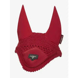 Red knitted lemieux loire fly hood chilli with pointed horse ears and lemieux loire embossed label