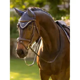 Brown horse wearing navy blue mesh lemieux loire fly hood dusk with silver trim for fly protection