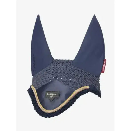 Navy blue crocheted lemieux loire fly hood with gold trim and lemieux branding fly hood dusk style