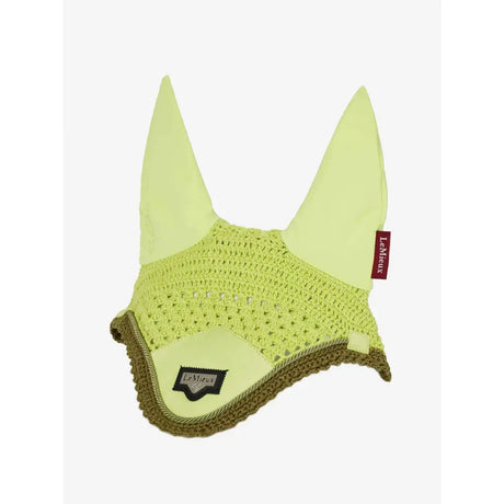 Lime green crocheted lemieux loire fly hood with olive trim and lemieux loire embossed branding