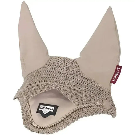 Beige lemieux loire fly hood with crocheted design soft fabric ears and lemieux loire embossed tag