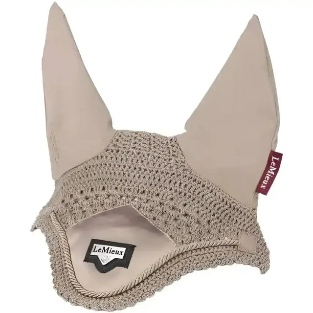 Beige lemieux loire fly hood with crocheted design soft fabric ears and lemieux loire embossed tag