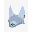 Light blue crocheted lemieux loire fly hood with soft padded ears and embossed branded tag for horse ears