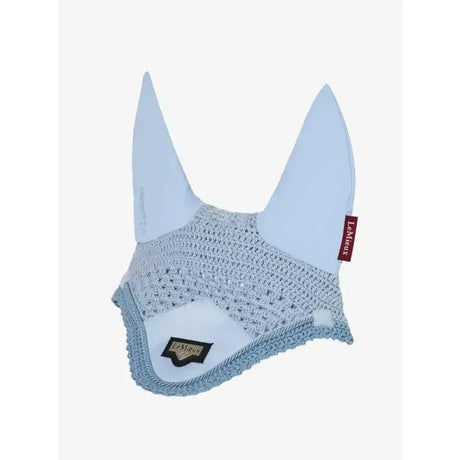 Light blue crocheted lemieux loire fly hood with soft padded ears and lemieux loire embossed branded tag