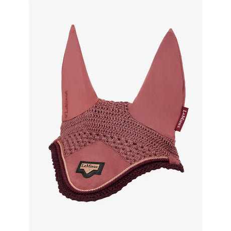 Dusty rose lemieux loire fly hood with crocheted mesh body solid fabric ears and dark burgundy trim for horses