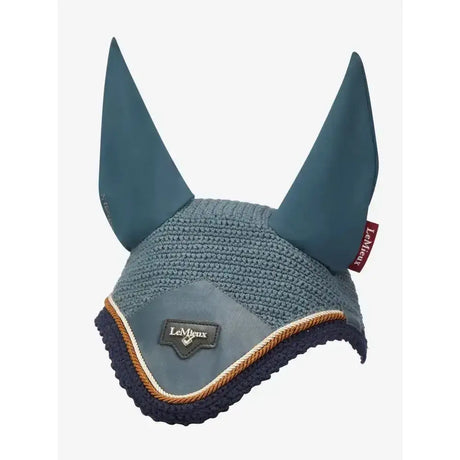 Lemieux loire fly hood petrol in teal and navy with textured knit body padded ears and braided trim for riding use