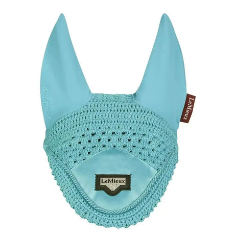 Light blue crocheted lemieux loire horse ear bonnet with satin trim in hoods azure style perfect for fly protection