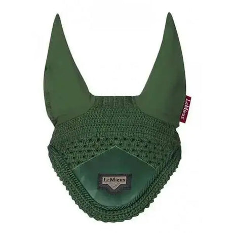 Dark green lemieux loire fly equestrian ear bonnet with mesh front and solid fabric ears perfect for riding