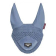 Light blue crocheted lemieux loire fly earring cover with smooth fabric lining and embroidered brand tag