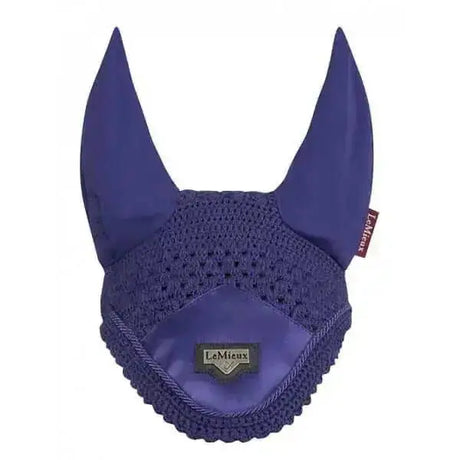 Royal blue lemieux loire fly horse ear bonnet with crocheted mesh design and satin-lined interior for fly protection