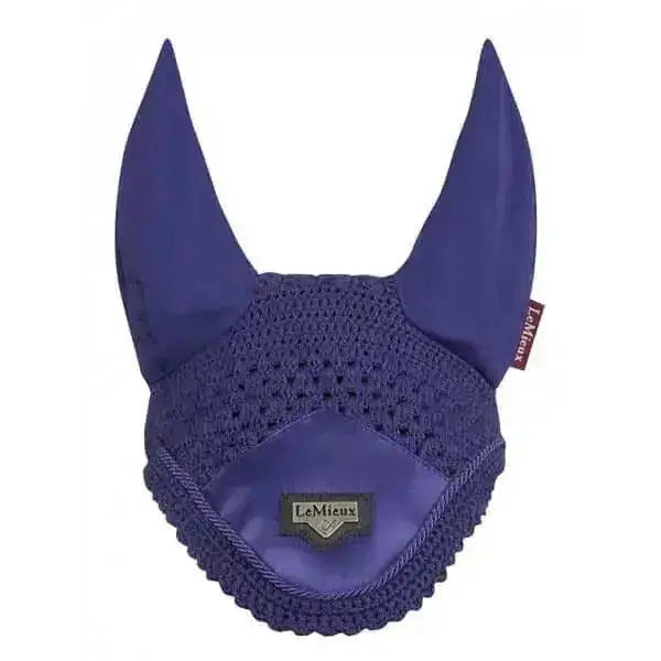 Royal blue lemieux loire fly horse ear bonnet with crocheted mesh design and satin-lined interior for fly protection