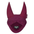 Maroon knitted lemieux loire fly horse ear bonnet with textured pattern and lemieux brand label