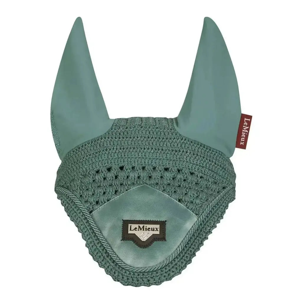 Lemieux loire fly hood in teal crochet with satin fabric ears and central embroidered logo patch