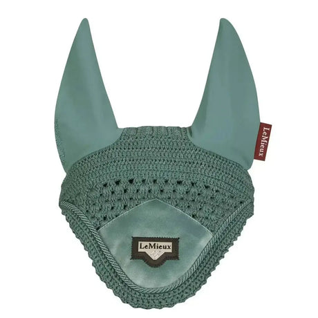 Lemieux loire fly hood in teal crochet with satin fabric ears and central embroidered logo patch