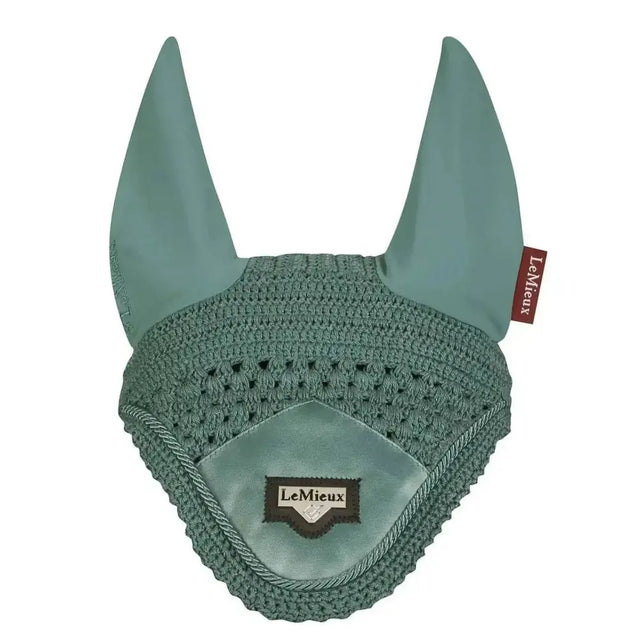 Lemieux loire fly hood in teal crochet with satin fabric ears and central embroidered logo patch
