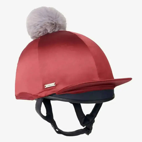 Red satin lemieux loire hat silk rioja with gray pom-pom and black straps for equestrian use