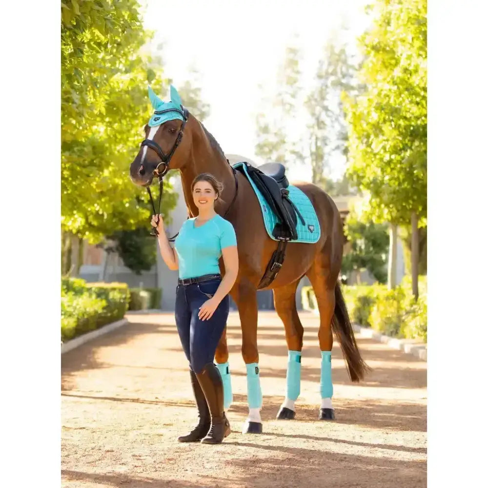 A brown horse wearing a turquoise lemieux loire memory dressage square with matching leg wraps and headband
