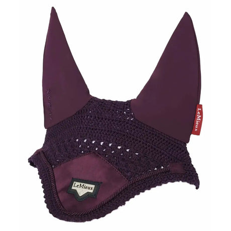 A deep purple lemieux loire satin fly hood with crocheted mesh body and solid fabric ears for equestrian use