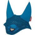 Teal crocheted horse ear bonnet with solid fabric ears and branded tag featuring signature lemieux loire satin design
