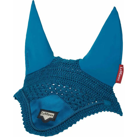 Teal crocheted horse ear bonnet with solid fabric ears and branded tag featuring signature lemieux loire satin design