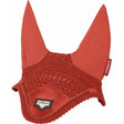 Red crocheted horse ear bonnet with soft fabric ears and satin lining featuring lemieux loire satin label