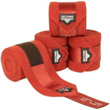 Bright red lemieux loire satin polo bandages set of 4 with black velcro straps and branded labels for horses
