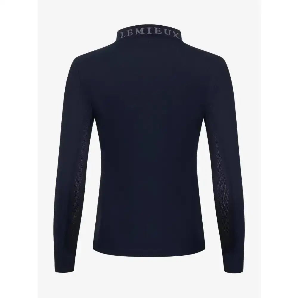 Back view of navy lemieux long sleeve sport polo shirt with high collar and silver lemieux logo across the neck