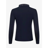 Back view of navy lemieux long sleeve sport polo shirt with high collar and silver lemieux logo across the neck
