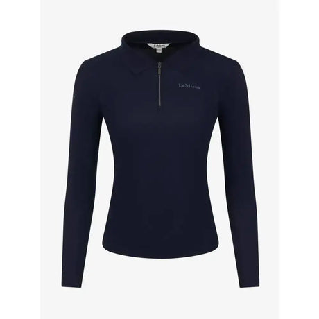 Navy blue lemieux long sleeve sport polo shirt with half zip and subtle embroidered branding for active wear