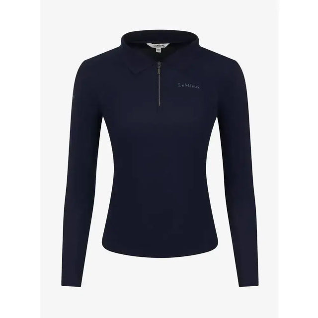 Navy blue lemieux long sleeve sport polo shirt with half zip and subtle embroidered branding for active wear