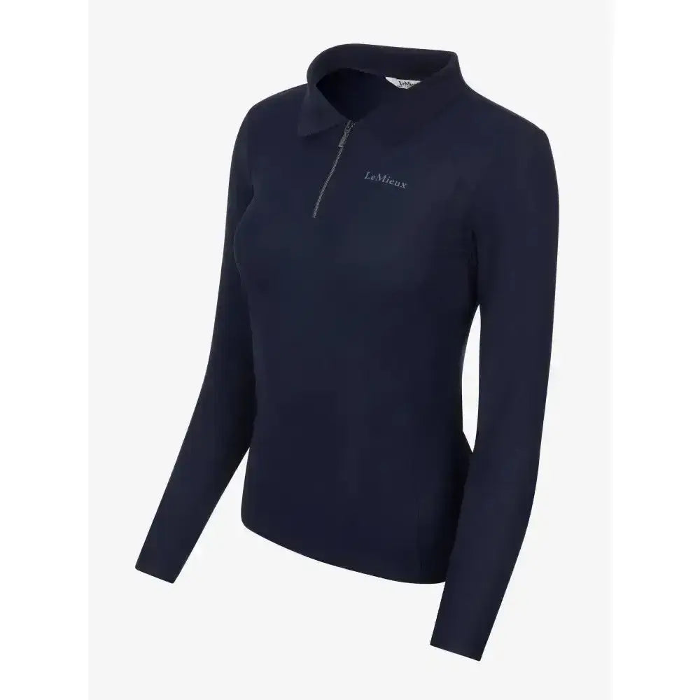 Navy lemieux long sleeve sport polo shirt with half zip and subtle chest embroidery ideal for active wear