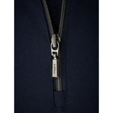 Navy lemieux long sleeve sport polo shirt with silver levi’s zipper pull on a navy blue zippered jacket