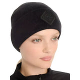 Black lemieux lumen beanie with reflective rib knit and micro-fleece lining featuring a subtle diamond logo patch