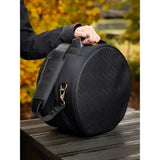 Black textured lemieux luxe hat box with adjustable shoulder strap and silver hardware for easy carrying
